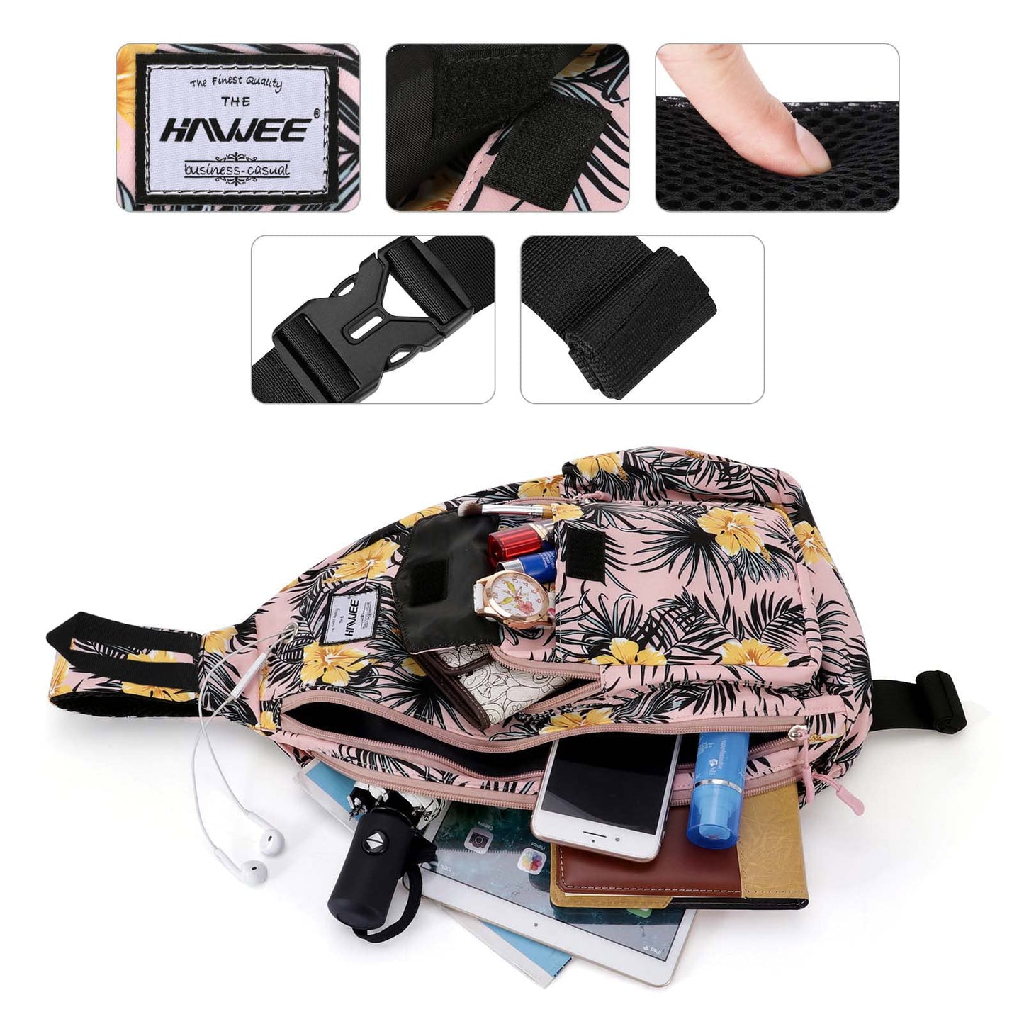 HAWEE Rope Sling Bag for Women Casual Cross Body Backpack Adjustable Anti-slip Strap/Bottle Pocket/Earphone Hole for Travel Hiking Sports, Hibiscus Orange