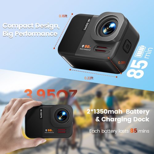 Euorosi 4K 60FPS 48MP WiFi Action Camera with Touch Screen, 50FT Underwater Waterproof Camera, No Case Needed, EIS Motorcycle Camera, 8X Zoom, 64GB Card, Remote Control, Batteries & Mounting Kits