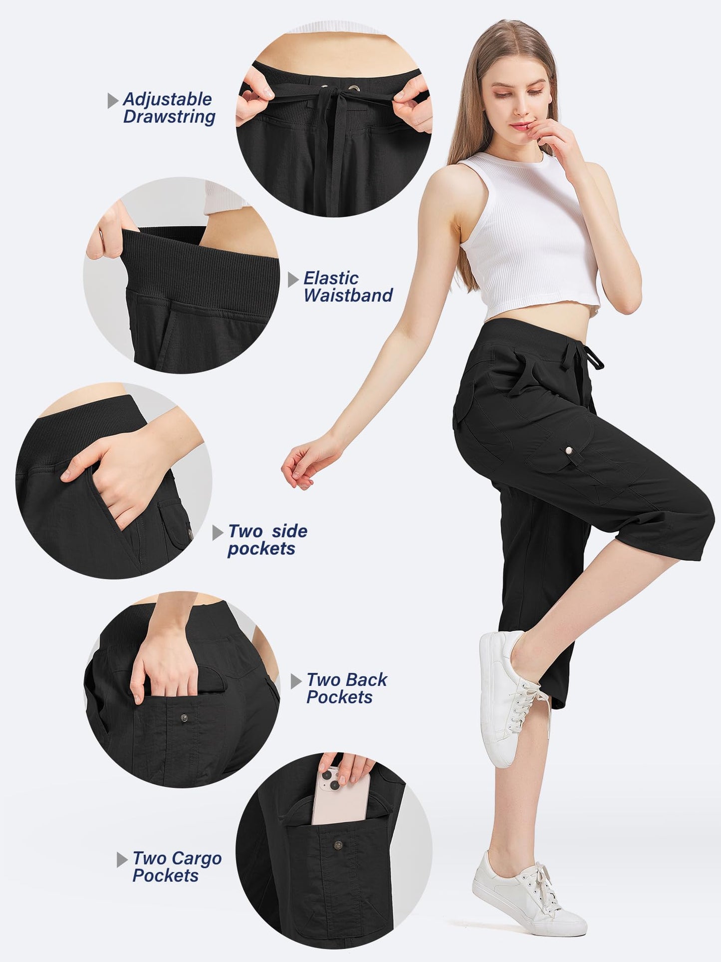 Toumett Women's Cargo Capris Hiking Pants Quick Dry Lightweight Outdoor Pants Casual Travel Comfy Cute Pockets(2032,Black,L)