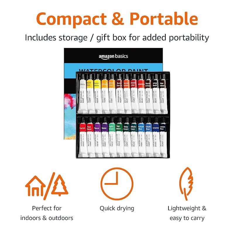Amazon Basics Vibrant Watercolor Paint Set Tubes - 24 Colors, 0.4oz Each, Easy to Mix