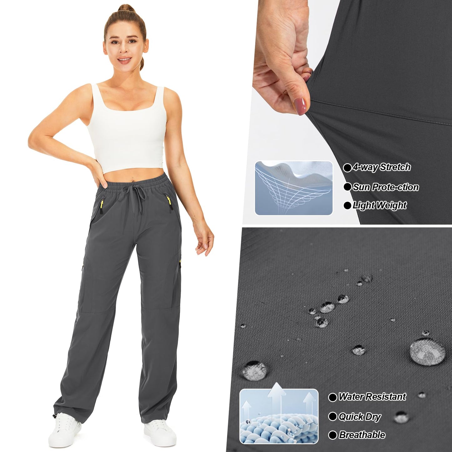 Womens Hiking Pants Quick Dry UPF 50 Lightweight Travel Golf Cargo Safari Pants Zipper Pockets,6608,Dark Grey,Tall XL