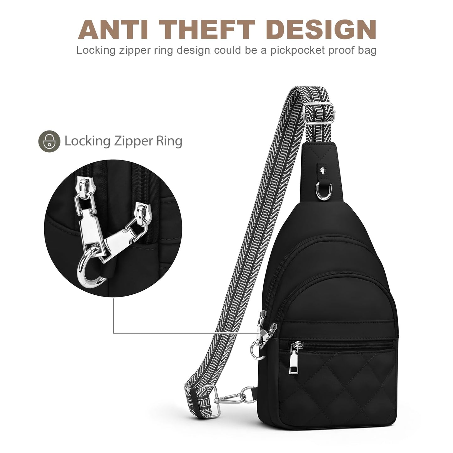 SYTRAH Sling Bag for Women, Anti-Theft RFID Crossbody Bag Nylon Sling Purse for Travel, Puffy Small backpack for Daily Hiking Sports Black