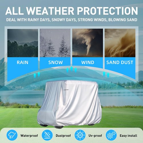 BENVOL 2/4 Passenger Golf Cart Cover for Yamaha EZGO Club Car, 420T Waterproof Polyester with Silver Coating,Waterproof,Dustproof,Windproof,Sunproof，All-Weather Protection (Silver-95 * 48 * 73 in)
