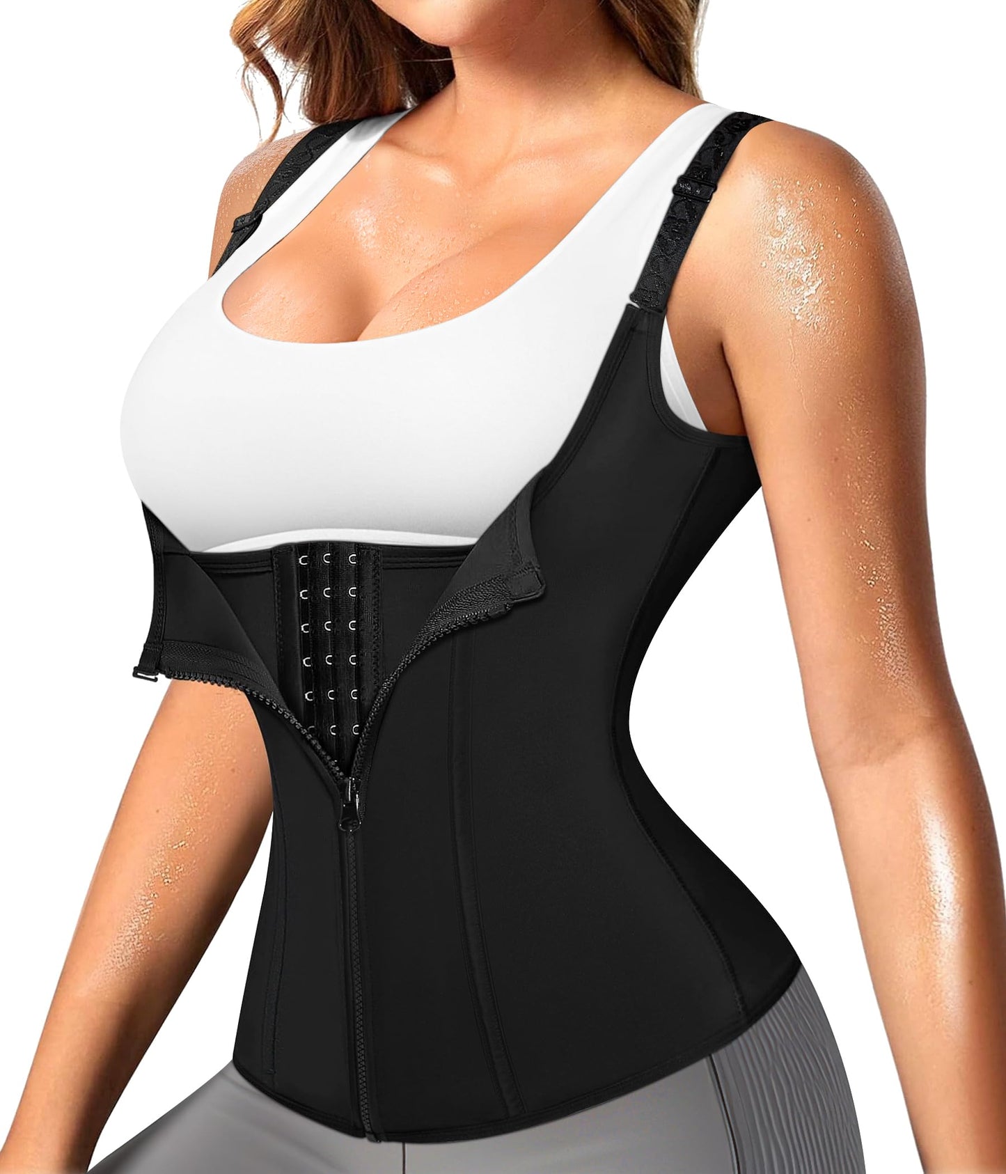 Nebility Women Waist Trainer Corset Zipper Vest Body Shaper Cincher Tank Top with Adjustable Straps (3XL, Black)