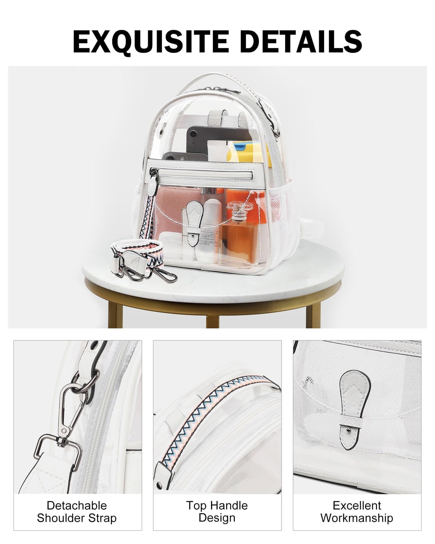 FADEON Clear Small Backpack Purse for Women, Designer Transparent Shoulder Handbag, PVC Mini Clear Bag for Stadium Approved