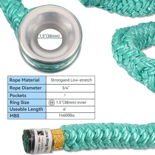 Rigging Ring Sling Rope 40203, 3/4" x 6’ Arborist Rope with #3 Aluminum Ring, 7-Pocket Adjustment Climbing Slings, 14600 lbs MBS