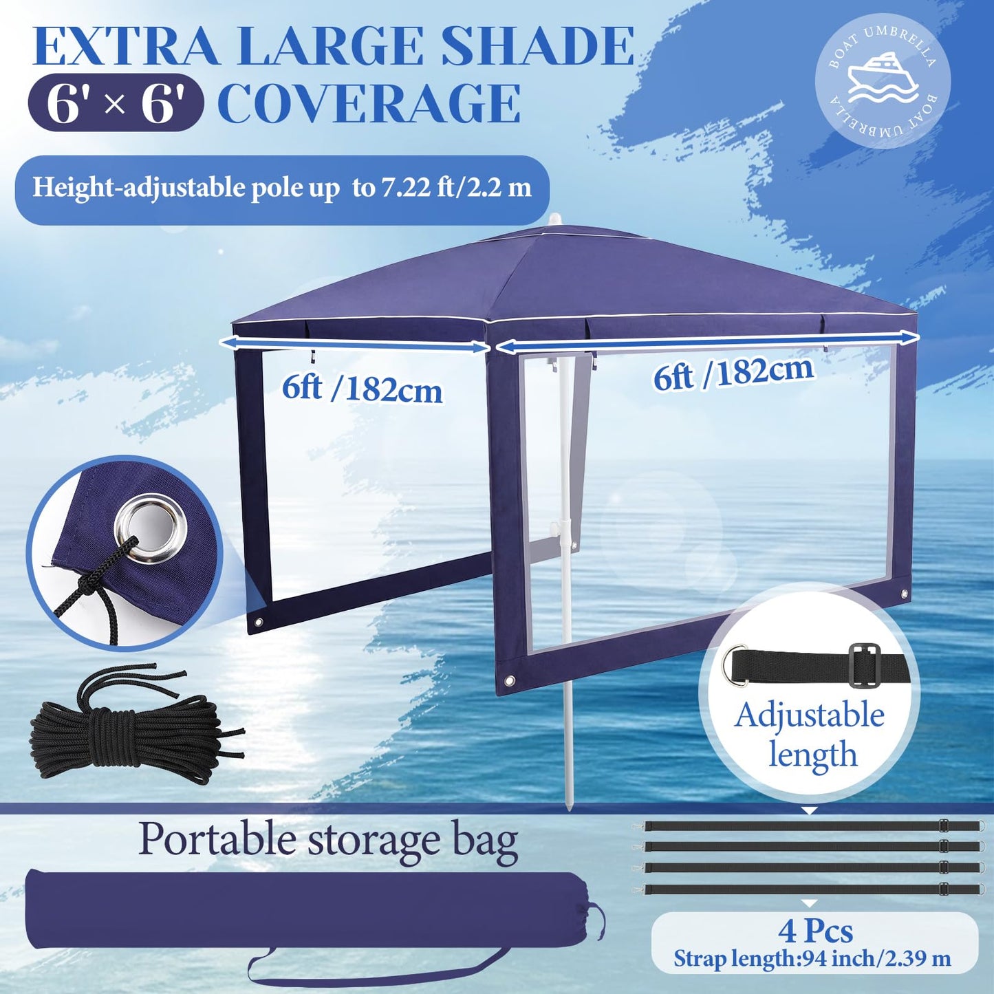 Briwooody Dark Blue Boat Umbrella Sun Shade with Sidewalls Kit 6' x 6' Boat Sun Cover Anti-Ultraviolet, Adjustable Aluminum Pole to 8 Feet with Ropes and Storage Bag Fits Most Boats and Benches