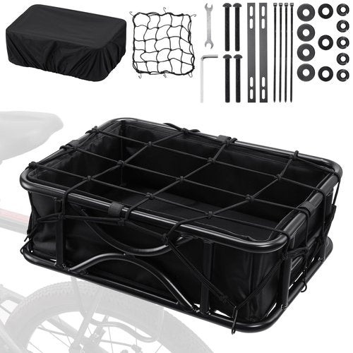 AUMENTAR Heavy Duty Rear Bike Basket for Adults, Large Metal Bicycle Cargo Basket with Removable Liner, Waterproof Cover & Cargo Net, Universal Fit for E-Bike, Mountain Bike, Dog Carrier