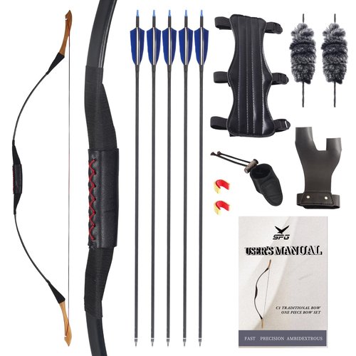 SPG 40lbs One Piece Traditional Bow - 53" Handmade Wooden Bow Fast Precision Shooting Traditional Recurve Bow and Arrow Set for Adult & Archers Right Left Hand Archery Horse Long Bow (40lbs)