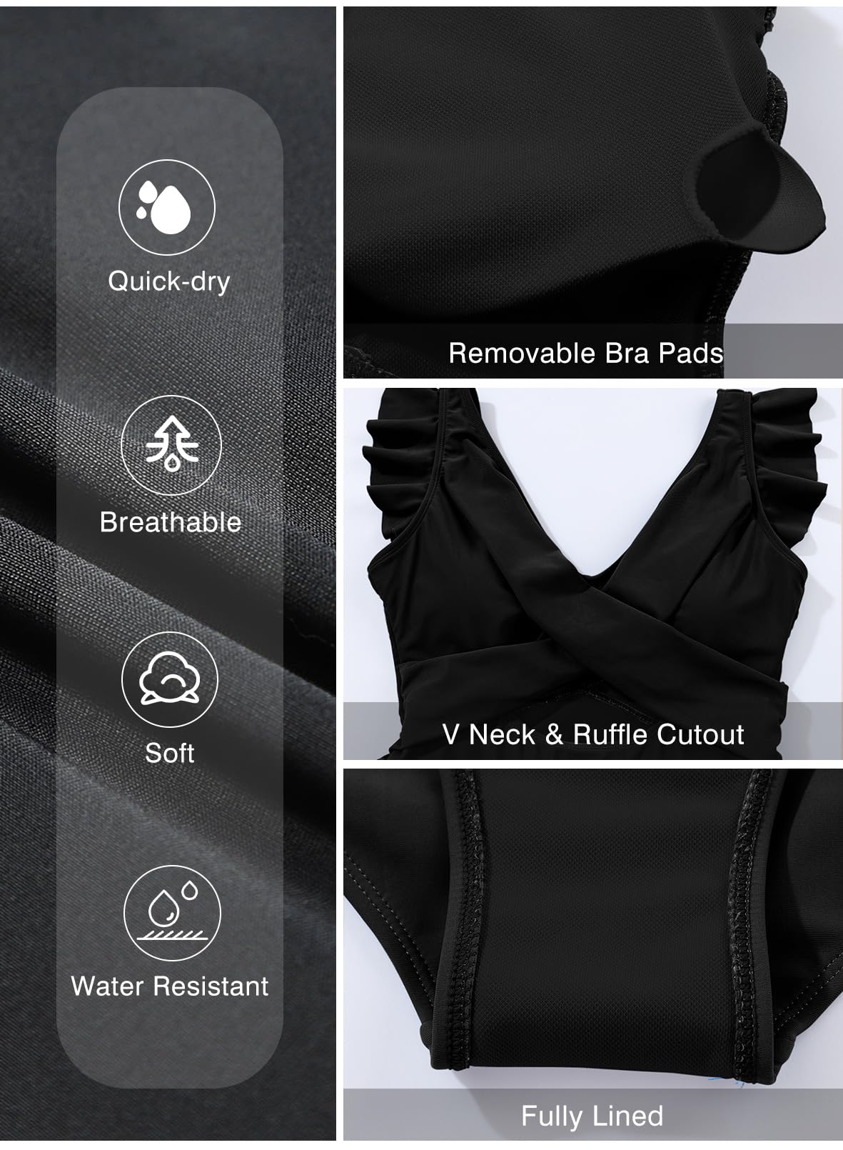 Aleumdr Women Cutout Ruffle One Piece Skirt Swimsuit V Neck Wrap Swimdress Tummy Control Bathing Suit Black Large