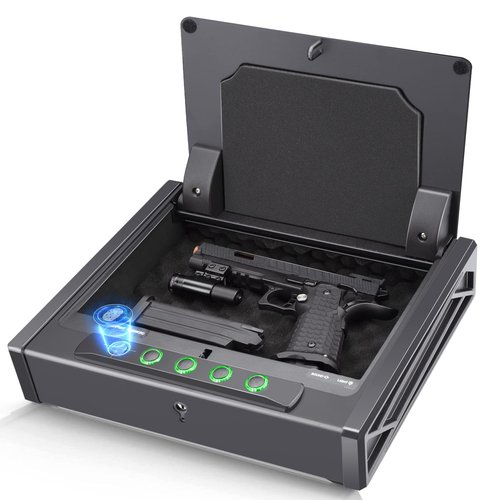 SOULYI Biometric Fingerprint Gun Safe for 3 Pistols Safe DOJ Certified with 3 Quick Access Handgun,Digital Keypad Matt Black Bedside Firearm Safety Car Safe Hardened Steel Lock Box