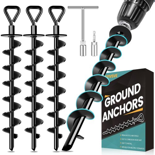 Ground Anchors Screw in Payivsve, Heavy Duty Ground Trampoline Stakes High Wind Tent Stakes for Tent, Trampoline, Gazebo, Carport, Trap Anchor, Canopies, Swing Set(Black-4x15)