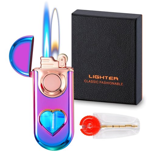 Torch Lighter, Dual Flame Butane Lighter Refillable, Windproof Adjustable Jet Flame and Soft Flame, with Heart-Shaped Transparent Gas Window, for Men Women (Without Butane)-Rainbow