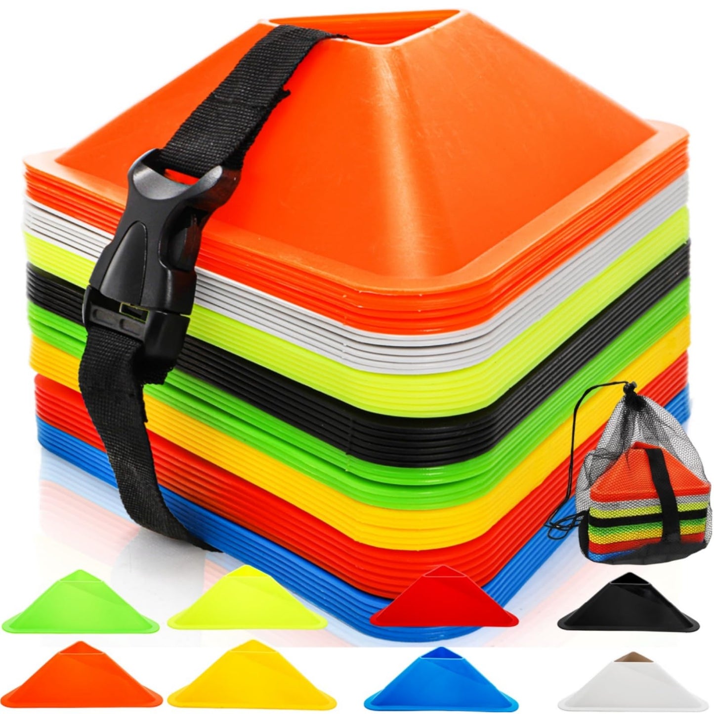 Tlence 48 Pack Soccer Cones for Training, Flexible Agility Disc Cones with Carry Bag and Strap, Mini Sports Practice Equipment for Football Basketball Drills (8 Colors)