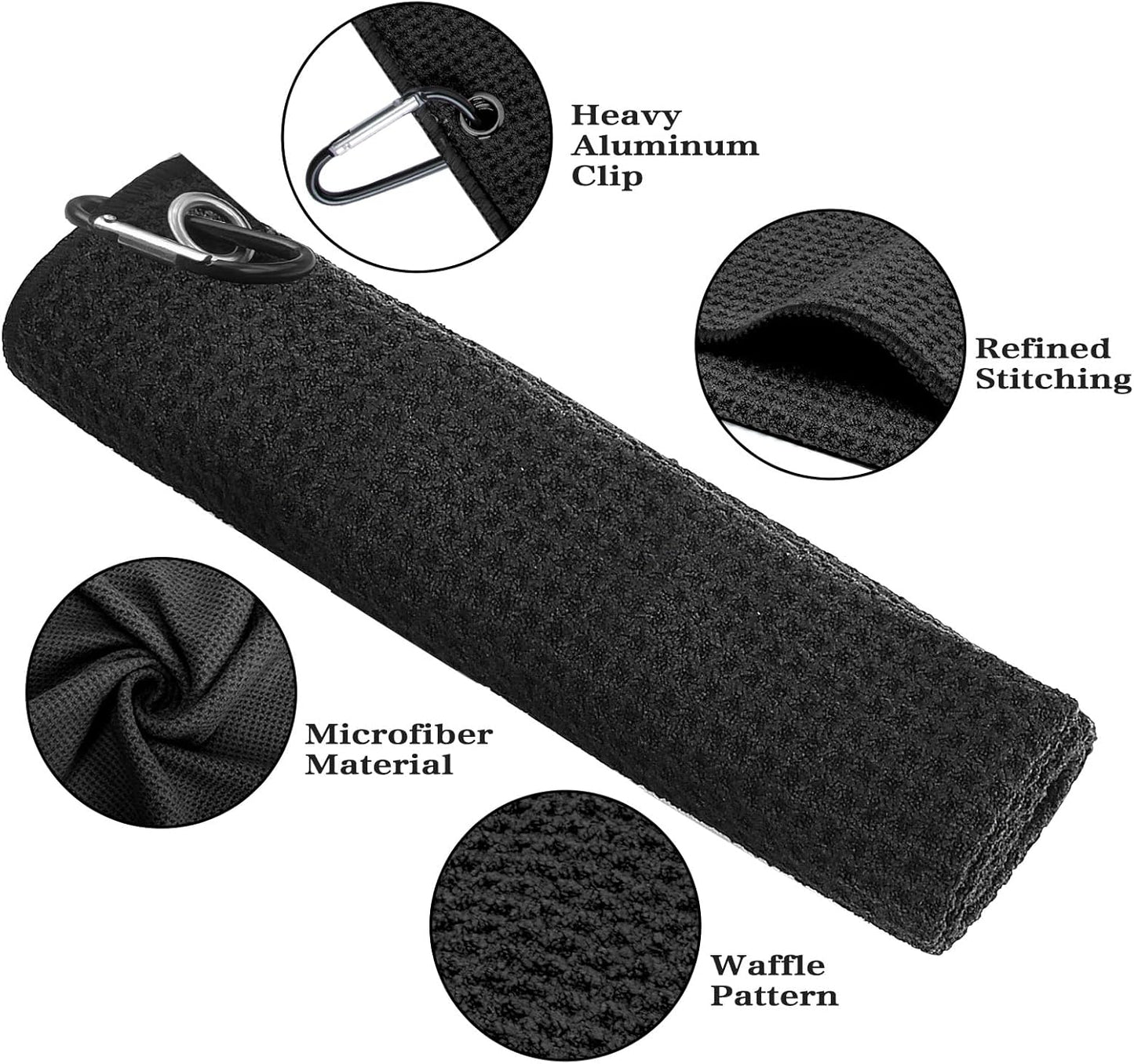 2 Pack Golf Towel (16" X 16") with Golf Club Brush, Microfiber Waffle Pattern Golf Towels for Golf Bags for Men,Essential Golf Combo Cleaning Kit (Black)