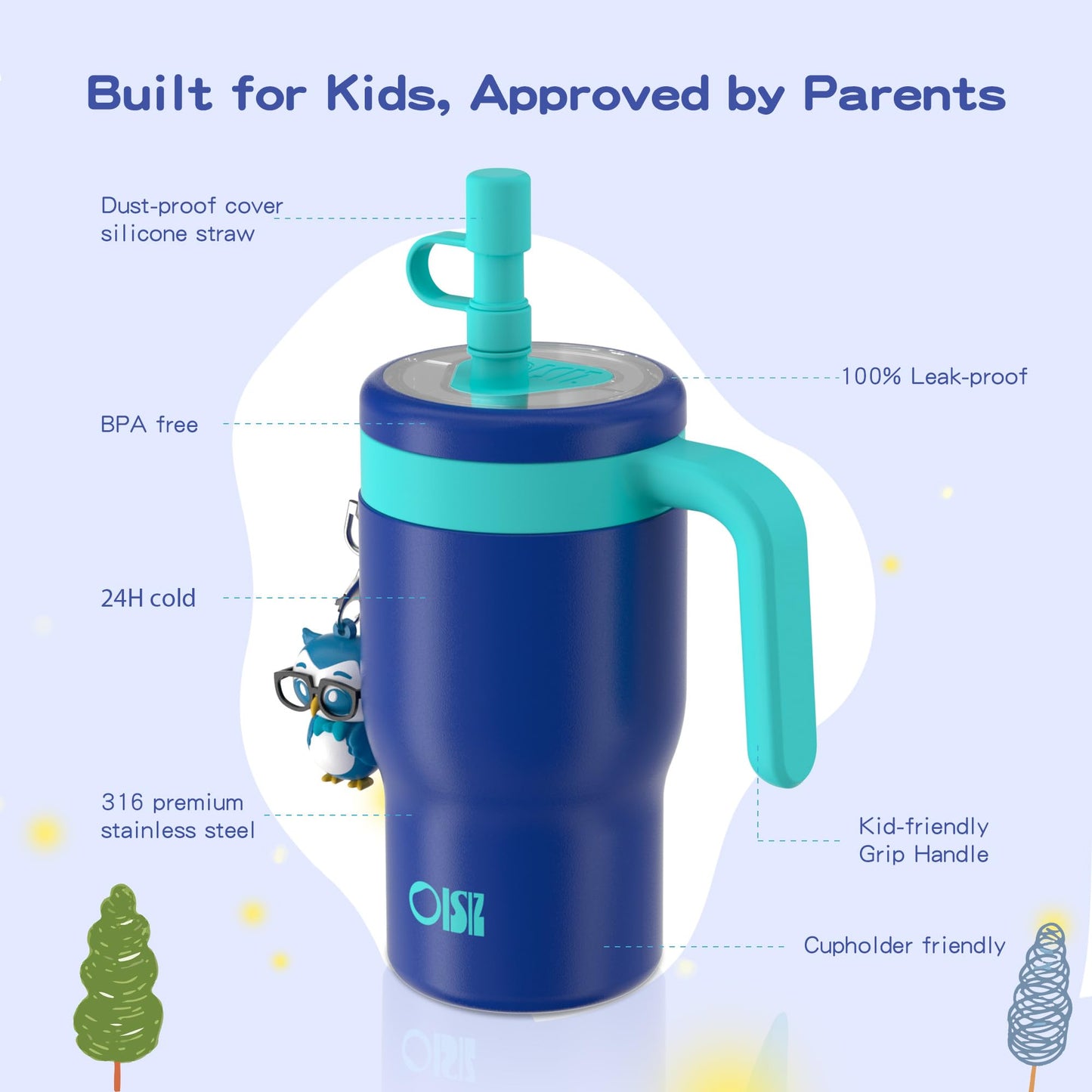 OISIZ 14oz Kids Tumbler with Straw Lid & Handle,Kids Cup with Animal Accessory for School,Kids Water Bottles with Dust-proof Cover,Leakproof Water Bottles,316 Stainless Steel,Keep Cold 24 Hours-blue