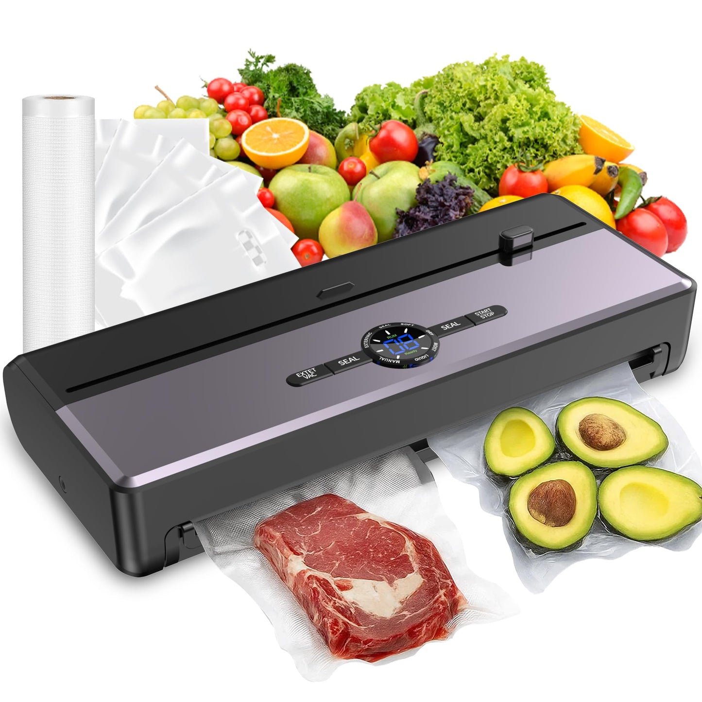 Sealer Machine for Food Storage, 85KPA Strong Suction, Dry/Moist Mode, Automatic Seal in 10-20 Seconds with 10 Vacuum Bags & 1 Roll, Built-in Cutter, Bag Storage & Vacuum Hose, for Home Kitchen Use