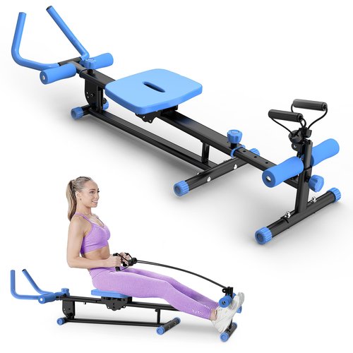 4-in-1 Ab Workout Exercise Equipment Rowing Machine Leg Press Machine Ab Glider Machine Roman Chair Fitness Equipment for Ab Workout Core Strength Training(Blue)