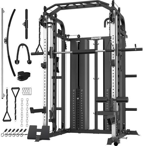 DONOW Smith Machine with Weight Stacks Power Cage Squat Rack Dual Cable Crossover Machine Home Gym Systems Station LAT Pull Down DN-DS939B 320lbs Cement Weights