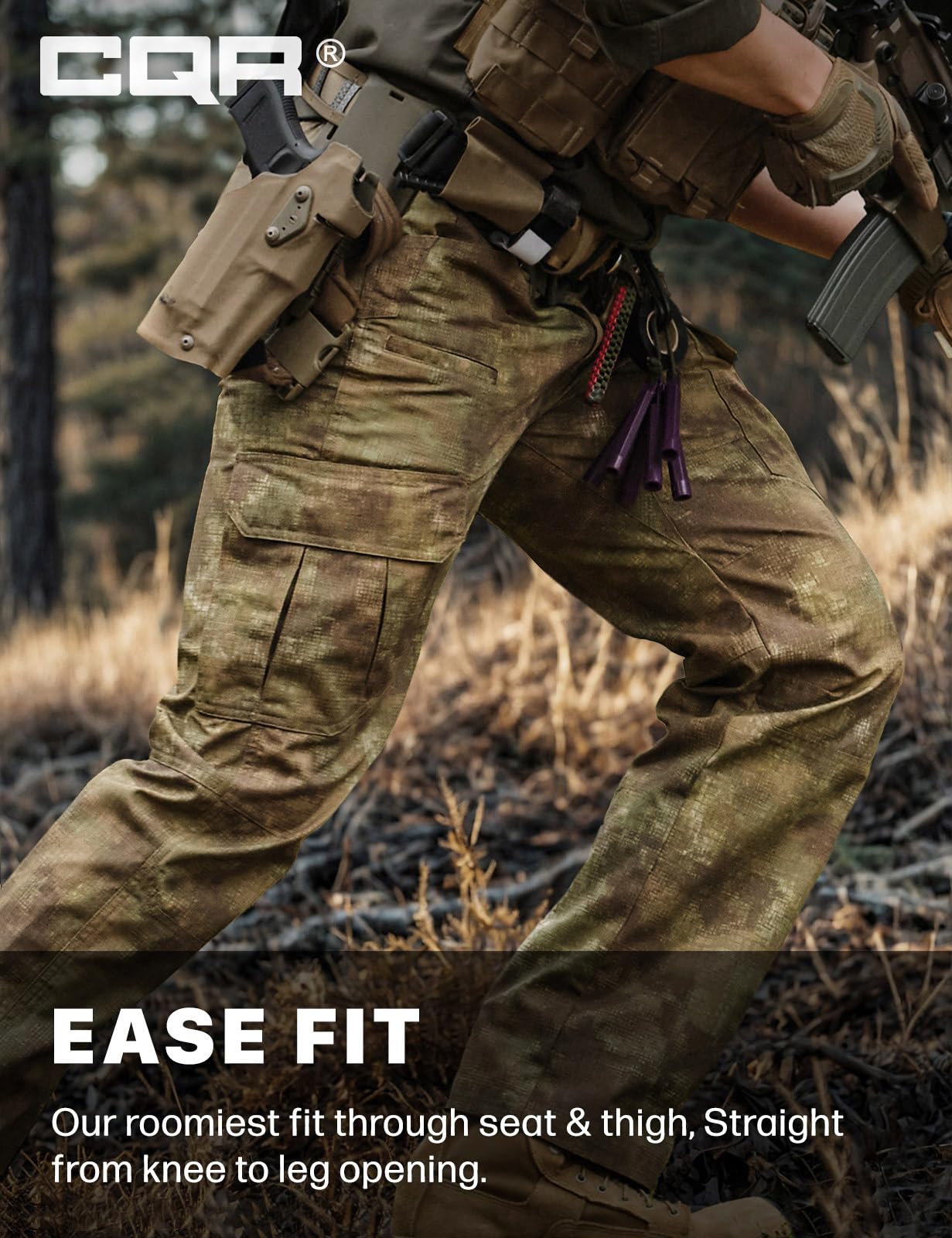 CQR Men's Tactical Pants, Water Resistant Ripstop Cargo Pants, Lightweight EDC Work Hiking Pants, Outdoor Apparel, Duratex Mag Pocket Print Fractal Camo, 44W x 30L