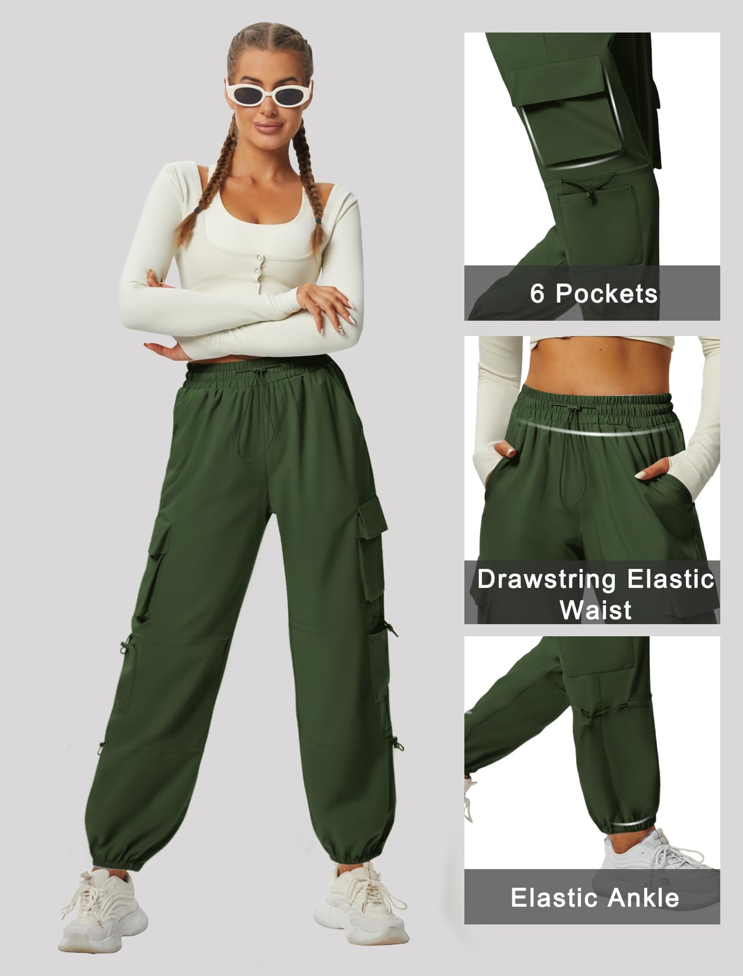 DLOODA Quick Dry Cargo Pants Lightweight Tactical Hiking Pants with 6 Pockets for Women, Elastic Waist and Water-Resistant