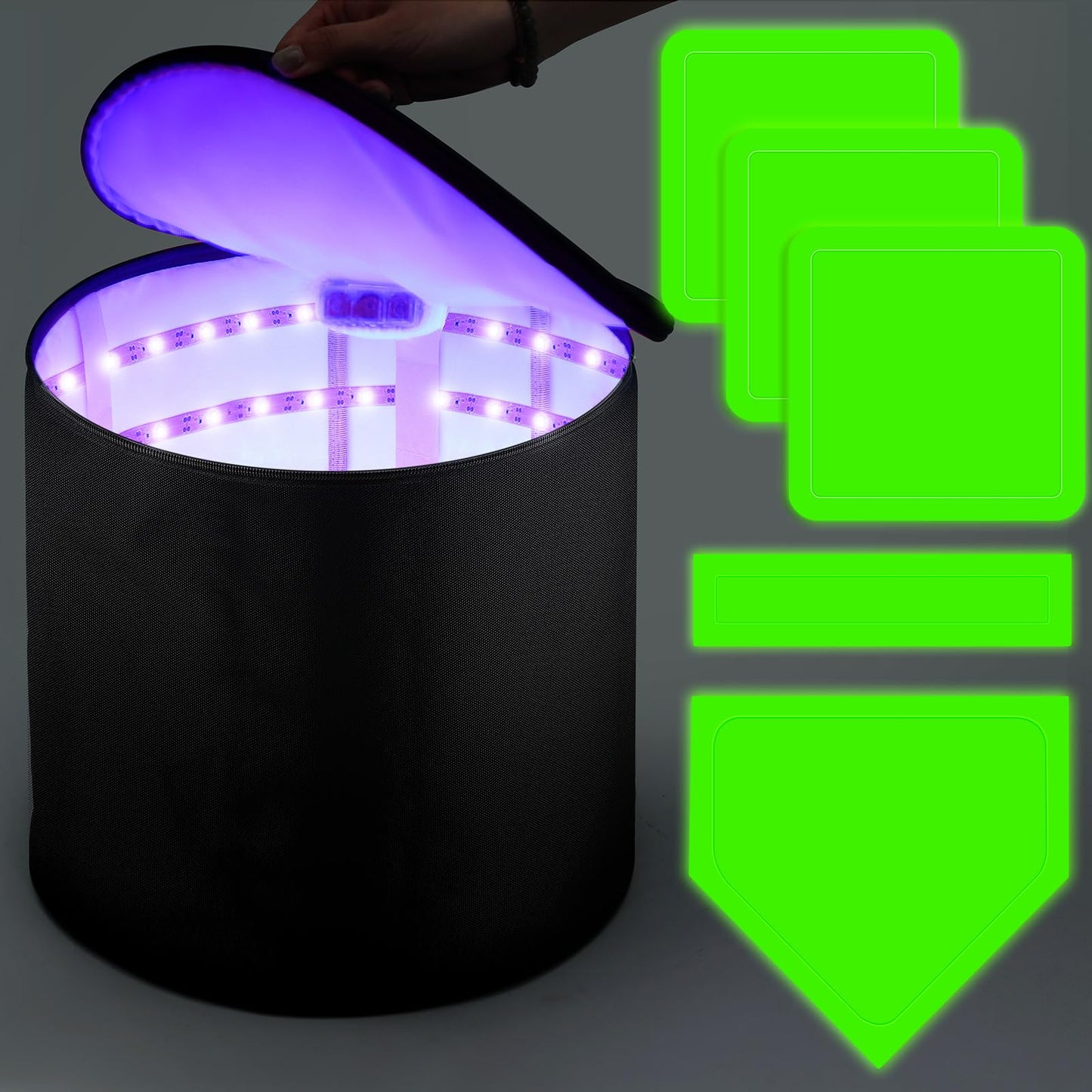 Hiboom 6 Pcs Glow in the Dark Baseball Base Set, 12 inch Quick Glow Charger Bag, Home Plate, Pitcher's Rubber for Kickball Softball Dodgeball in the Dark Game, for Playground Camping Yard Beach
