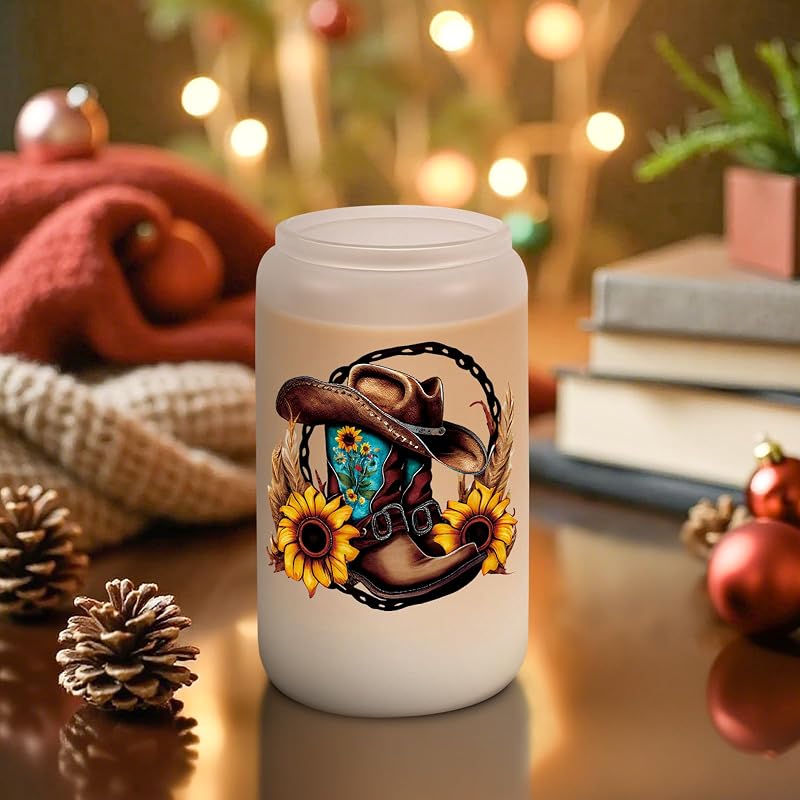 Cowgirl Glass Cup - 16 oz Western Boots & Hat Design with Gift-Ready Packaging