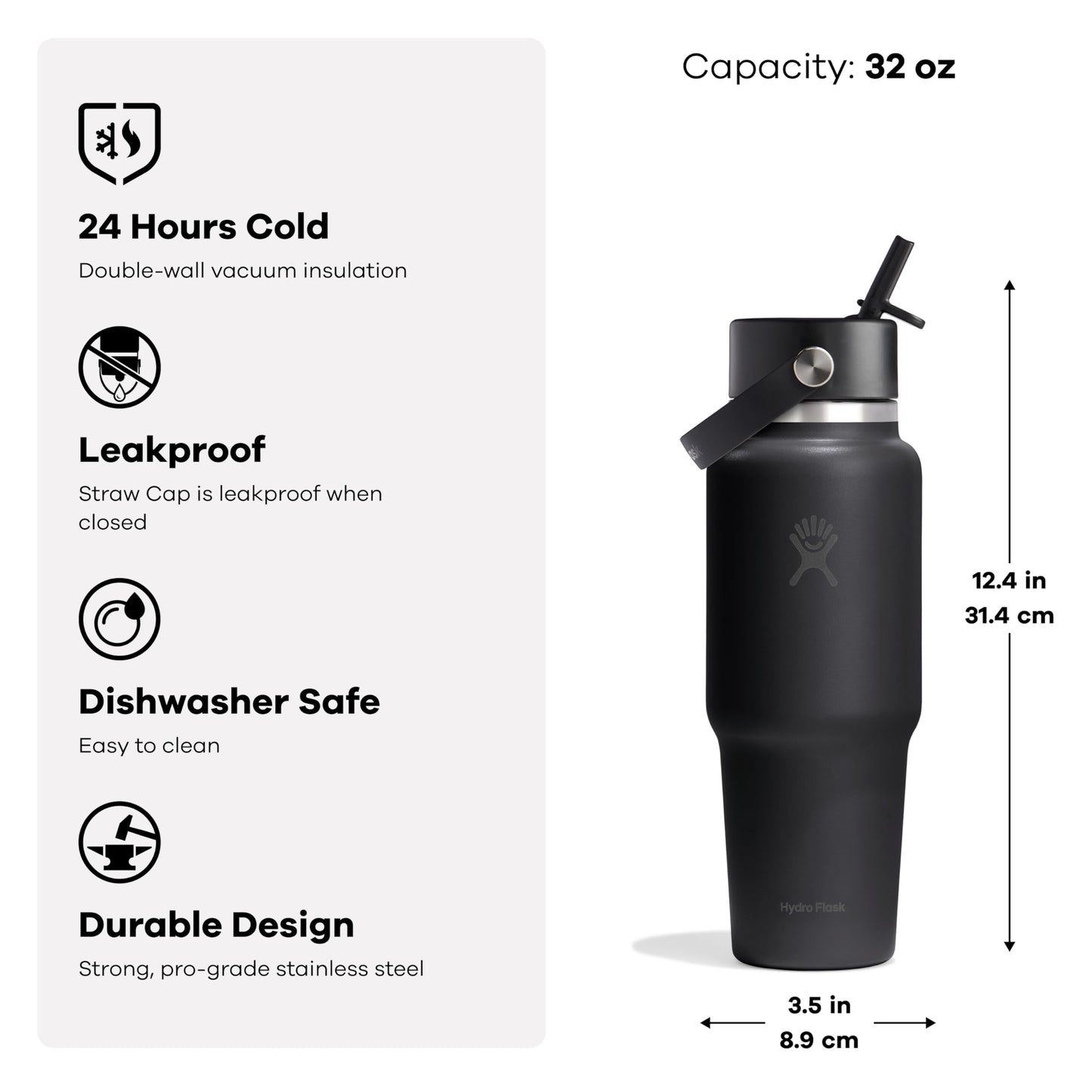 Hydro Flask Travel Water Bottle - Insulated Stainless Steel - Wide Straw Lid, Non Spill, Leakproof in 32 Oz Tonal White