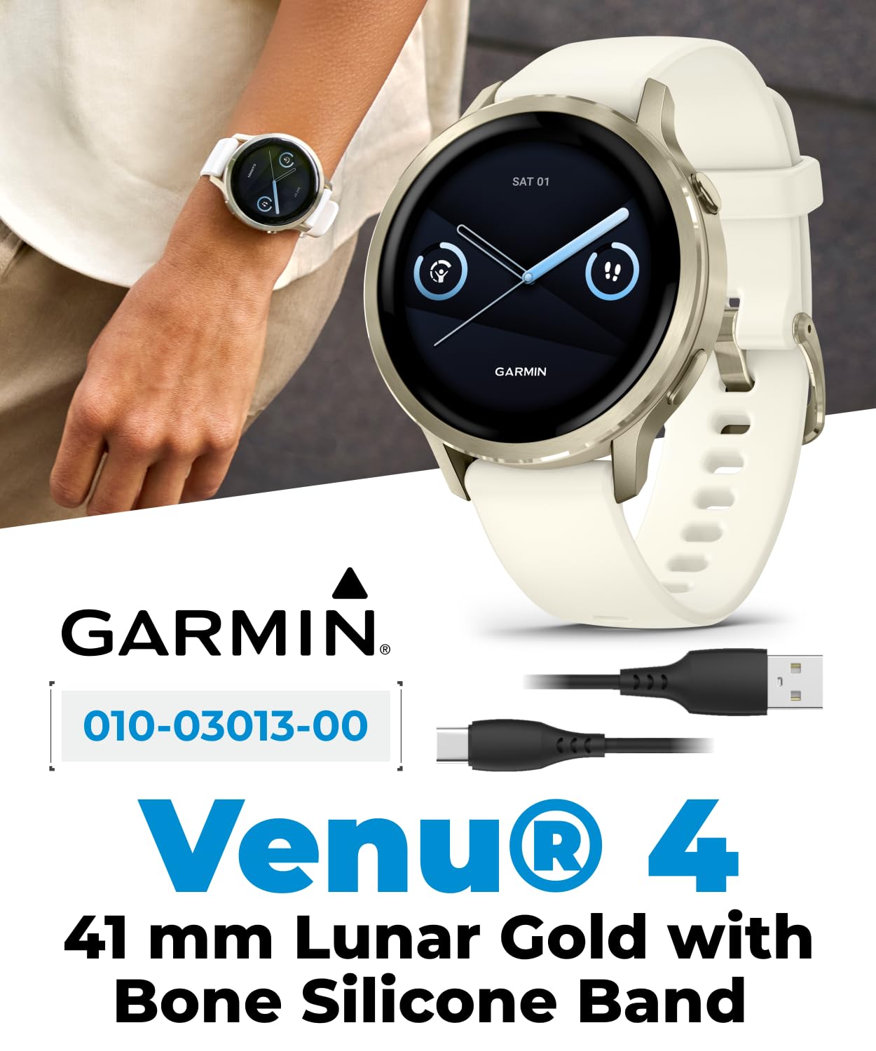 Garmin Venu 4 41mm AMOLED Advanced Health & Fitness GPS Smartwatch, Bright & Colorful Display, Built-in Flashlight, Up to 10 Days, Lunar Gold w/Bone Silicone Band w/Wearable4U PowerBank Bundle