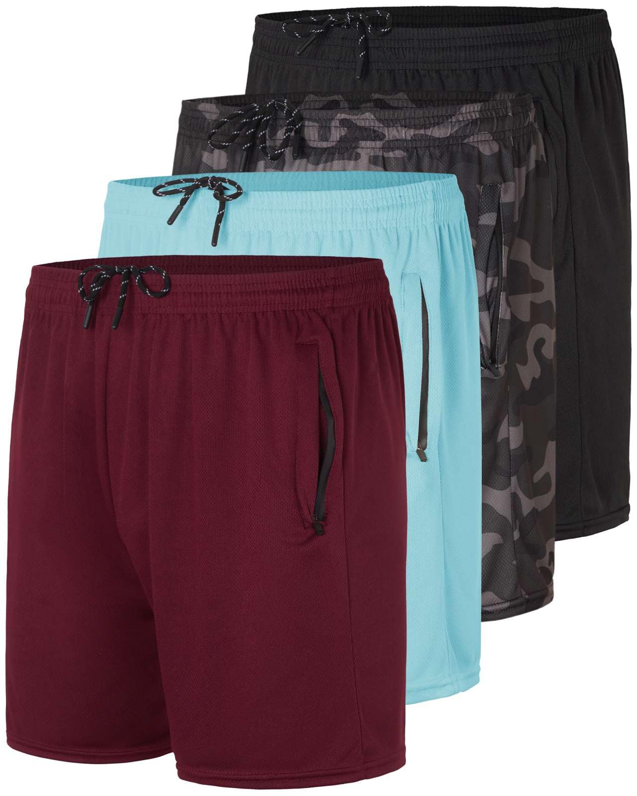 Real Essentials 4 Pack: Men's Mesh 5" Athletic Zipper Shorts Workout Gym Running Basketball (5 Inch Set 5, Black, Camo, Burgundy, Aqua - 4X - Big-Tall)