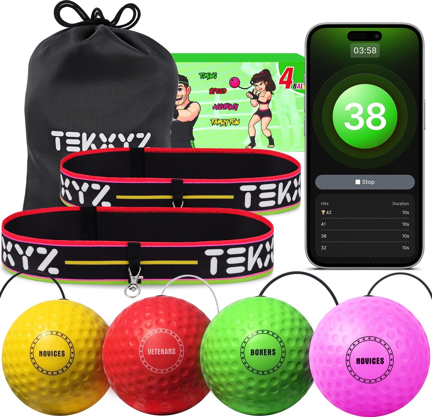 TEKXYZ® Classic Boxing Reflex Ball Family Pack with App - 4 Balls, 2 Bands