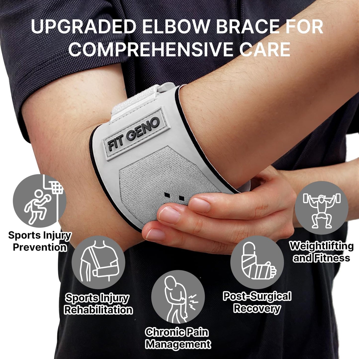 Fit Geno Elbow Brace for Tennis & Golfer's Elbow: Forearm 10''-15.5'', 1 Pack, Black