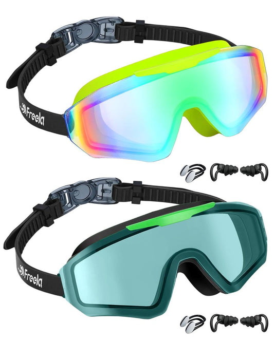 Freela 2 Pack Kids Swim Goggles for 6-14 8-12 8-14 4-7, Water Pool Swimming Goggles Anti-Fog 180° Wide View UV Protection, Soft Silicone Layer Waterproof No Leak Glasses for Youth Boys Girls