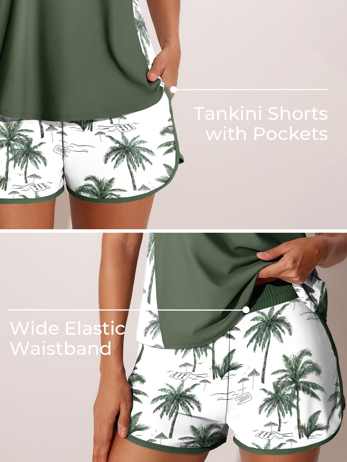 Summer Mae Blouson Tankini Swimsuits for Women 2026 Tummy Control Two Piece Bathing Suits with Sporty Pockets Swim Shorts Green Shadowa Size 14