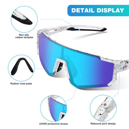 RIVBOS Youth Baseball Sunglasses for Kids(Boys&Girls) Polarized UV Protection Cycling Glasses BlackWhite InkDot-ice Blue lens RYS008