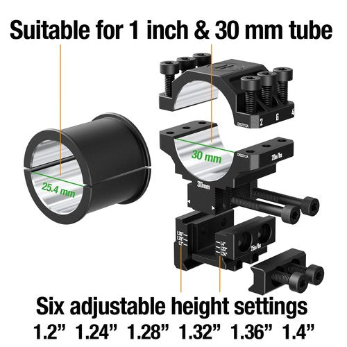 DISCOVERYOPT Adjustable Height Scope Rings - 25.4mm & 30mm Tube, 6-Level Height Adjustable (1.2-1.4 Inch),Precision Pre-lapped Scope Mounts for Picatinny Rails