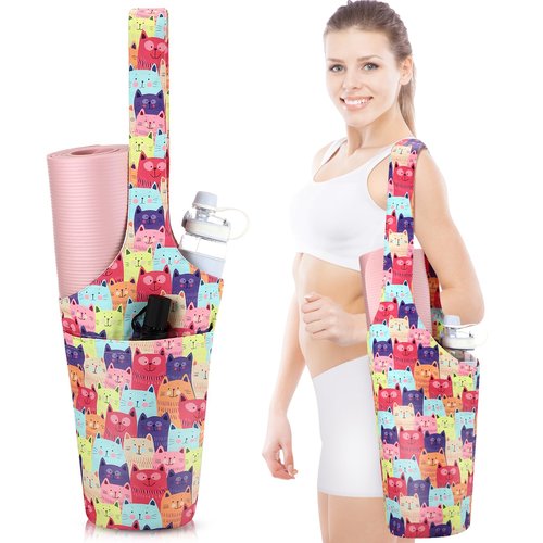 Yeyeplum Yoga Mat Bag Yoga Bags With Shoulder Strap Gym Pocket Sack Long Sports Carrier Tote Exercise Pad Holder For Women Yogi(Cat Pattern)