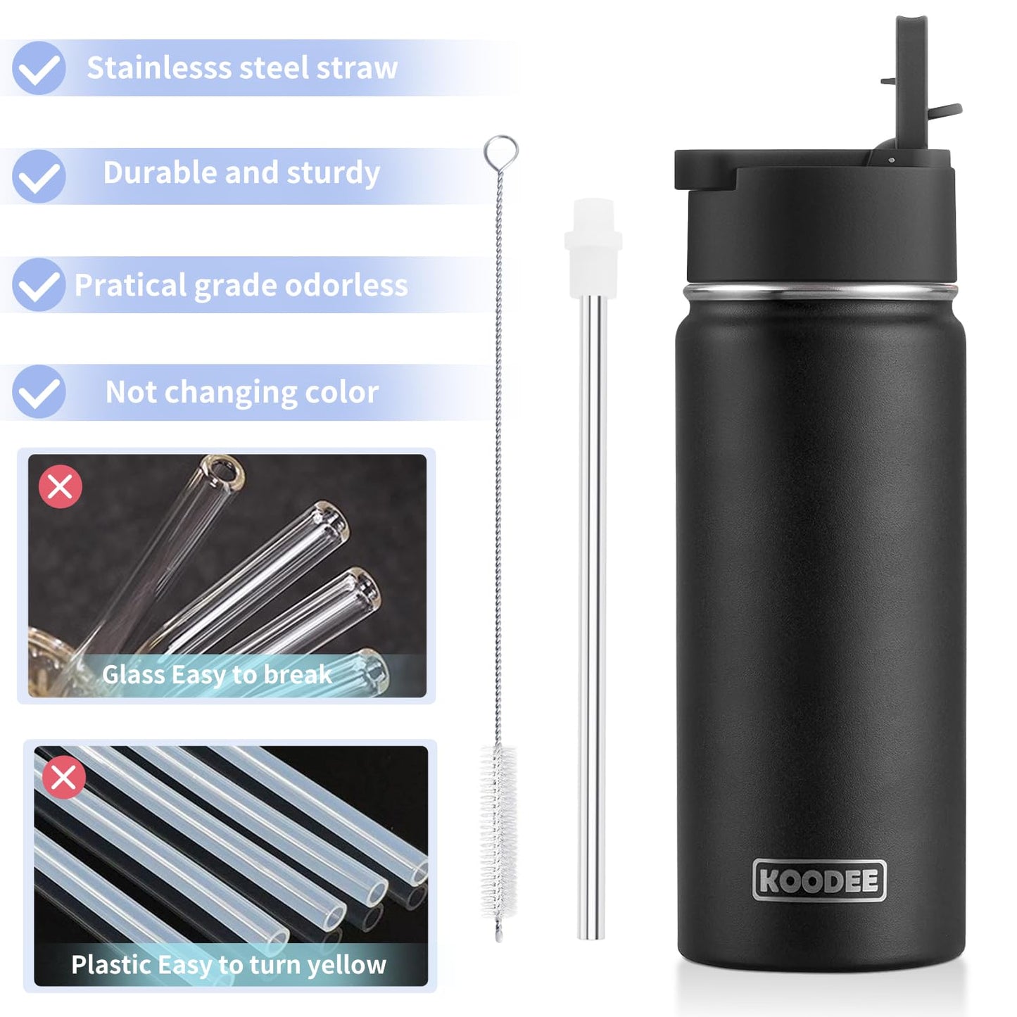 koodee Insulated Water Bottle, 18 oz Stainless Steel Vacuum Wide Mouth Sports Water Bottle with Leak Proof Straw Lid (Black)