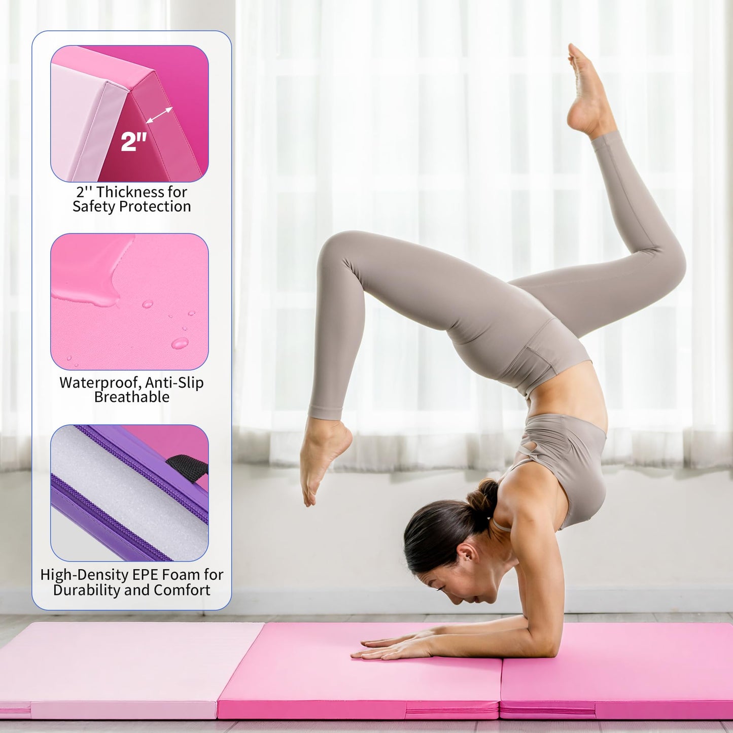 Outdoor Basic 6'x3'x2" Gymnastics Tumbling Mats Folding Panel Thick Gym Exercise Mat for Home (Colorful)