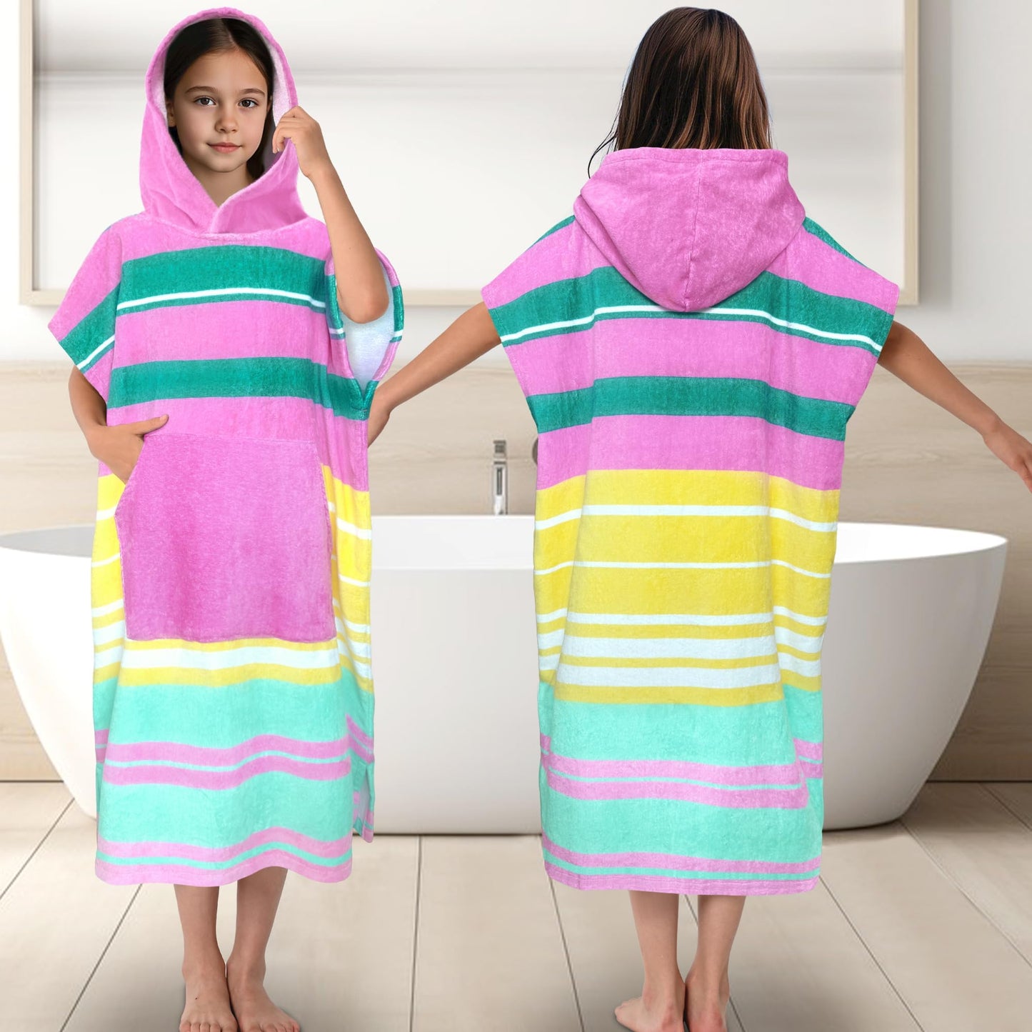 Hooded Towel Robe for Girl Teens (8-14 Years,36"X26") | Premium 100% Cotton Oversized Poncho Towel for Big Kids | Super Absorbent Hooded Towel Dress for Pool, Beach, Bath & Swim | Striped Design