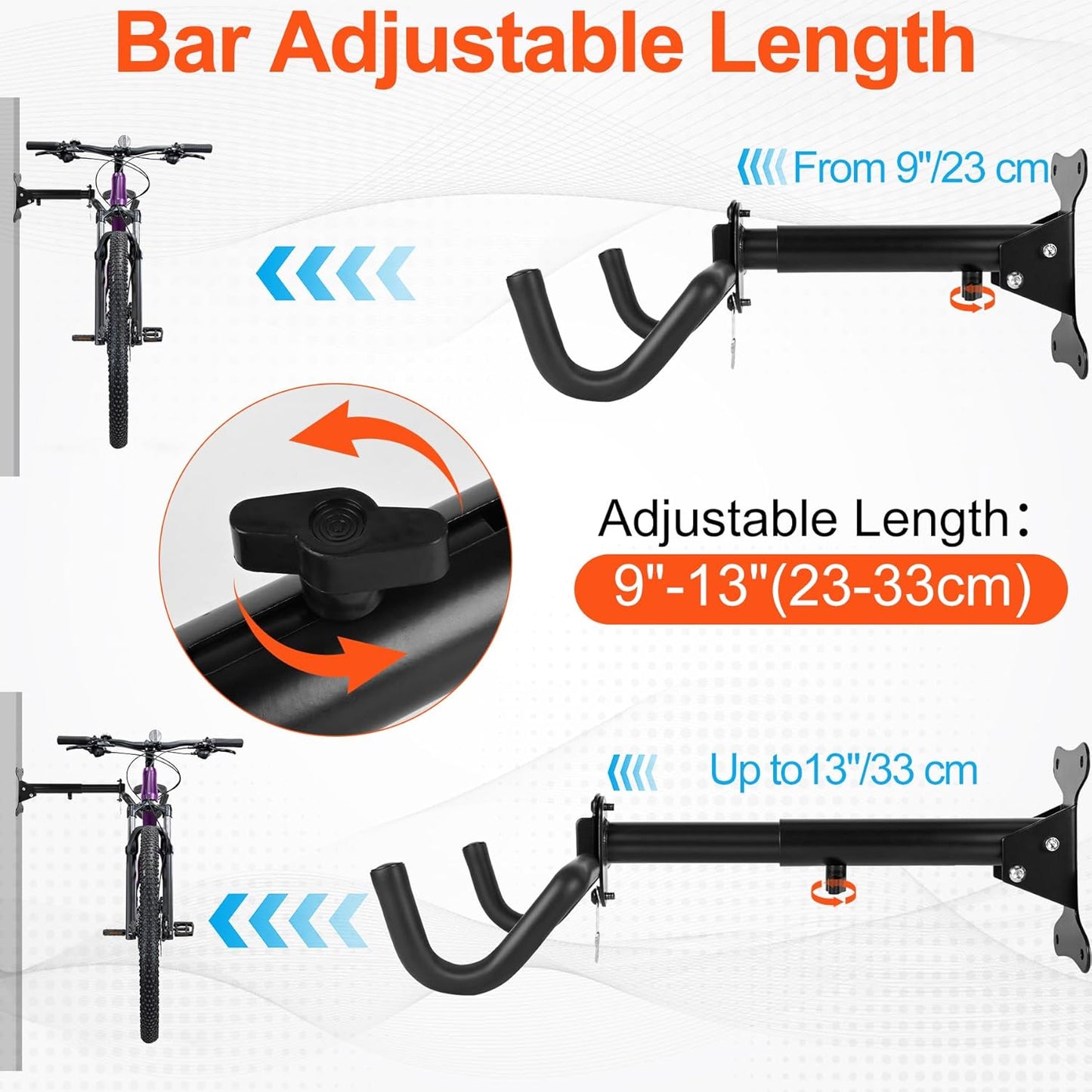 2 Set Bicycle Expandable Wall Hanger - Horizontal Bicycle Indoor Storage Rack | Bicycle Wall Mount Rack Hooks - Bike Hook for Road, Mountain or Hybrid Bikes(Stretchable, 2Set)