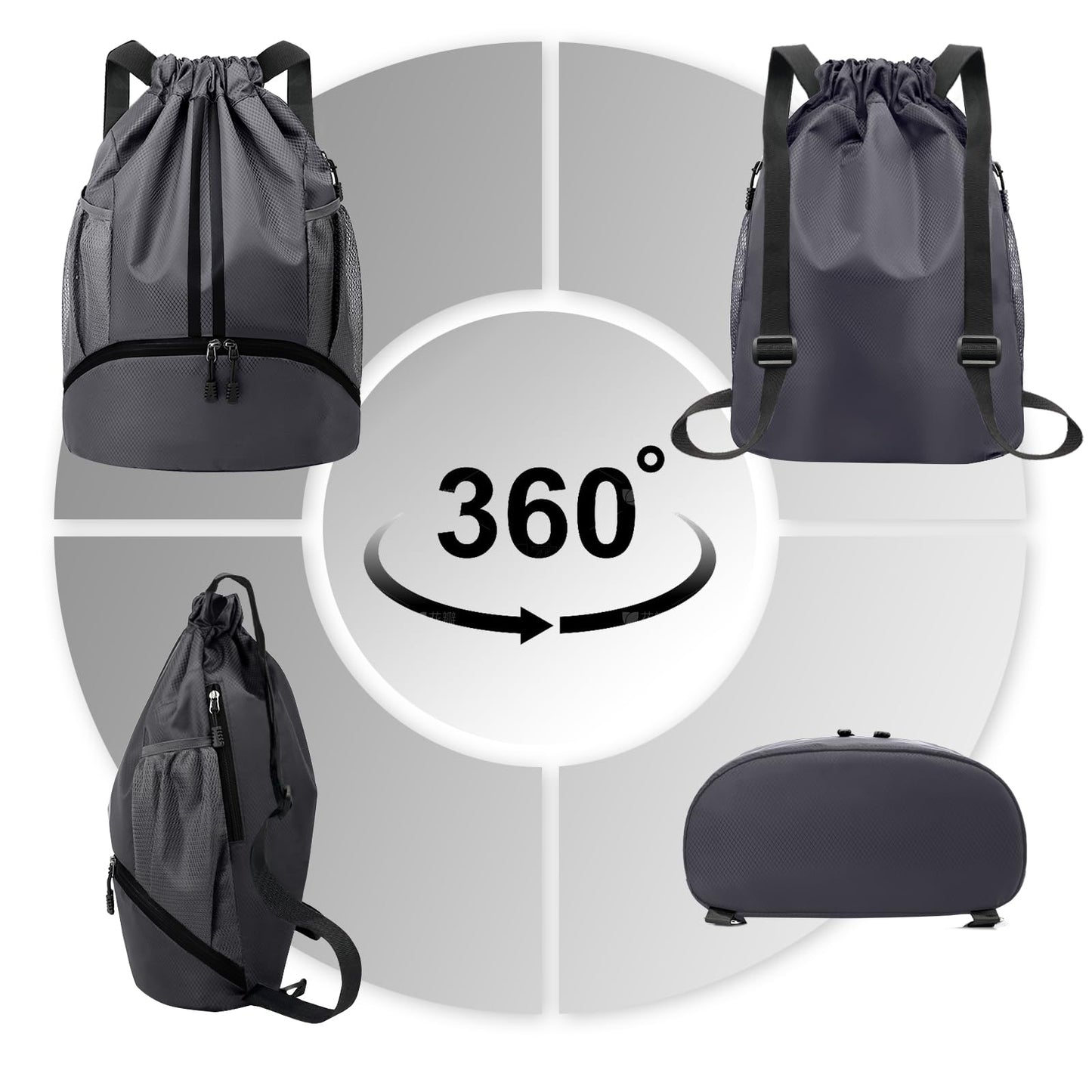 Hoedia Sports Drawstring Backpack - String Swim Gym Bag with Shoes Compartment and Wet Proof Pocket for Women and Men, Dark Grey