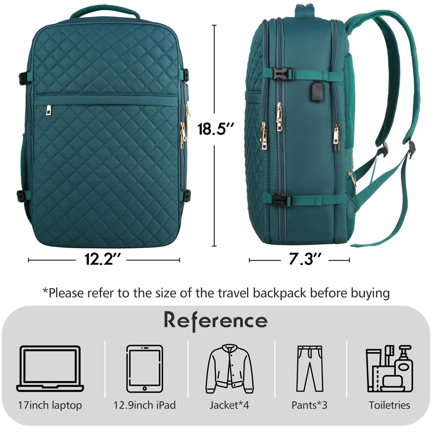 MOMUVO Large Travel Backpack Women, Flight Approved Carry On Backpack, Water Resistant Anti-Theft Large Casual Daypack Fit 17 Inch Laptop with USB Charging Port, Peacock Blue