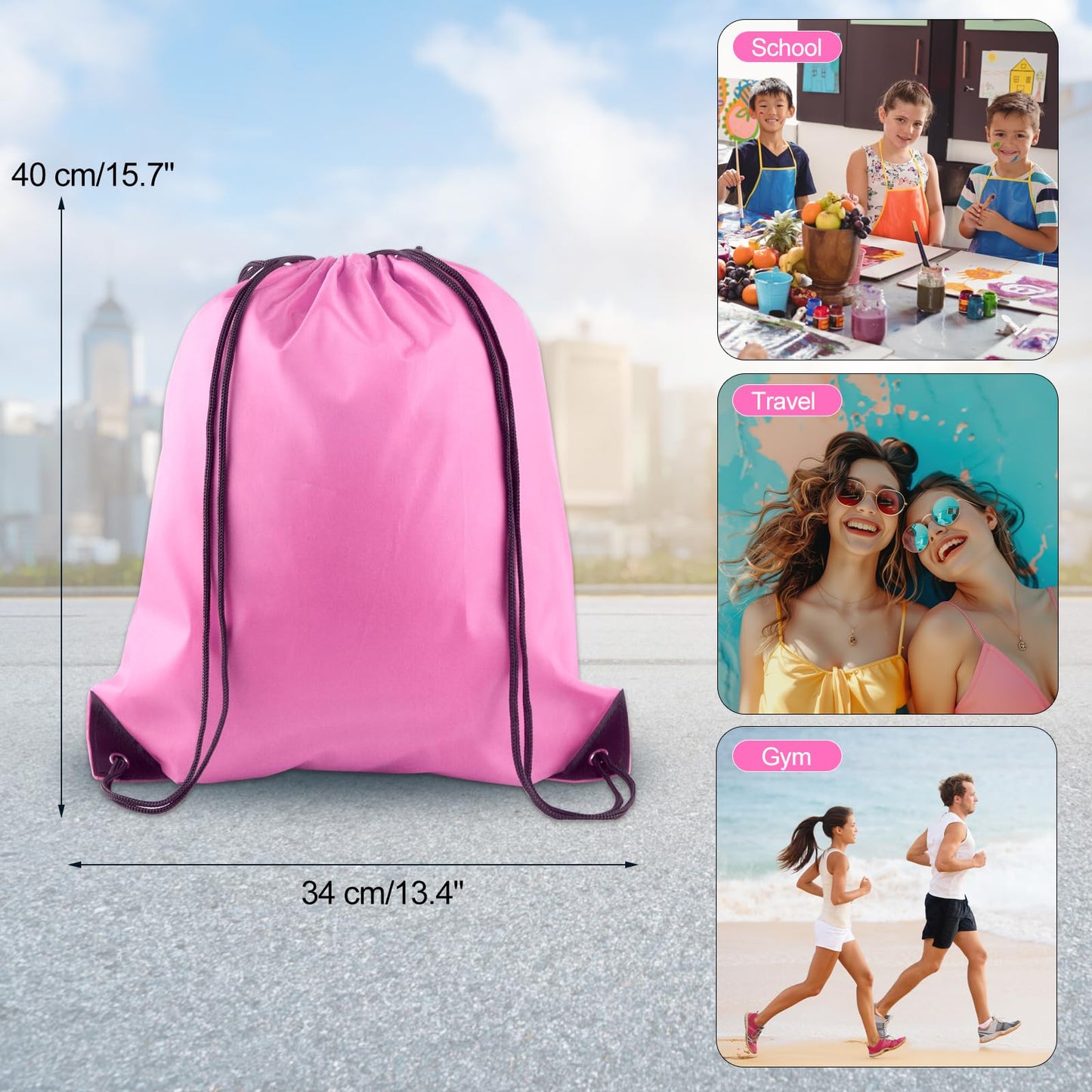 KUUQA 2 Pcs Drawstring Backpack Bags Bulk Pink Drawstring Bag Foldable Gym Bag Sports Cinch Sack String Backpack Storage Bags for Women Men Shopping Gym Travel Sports