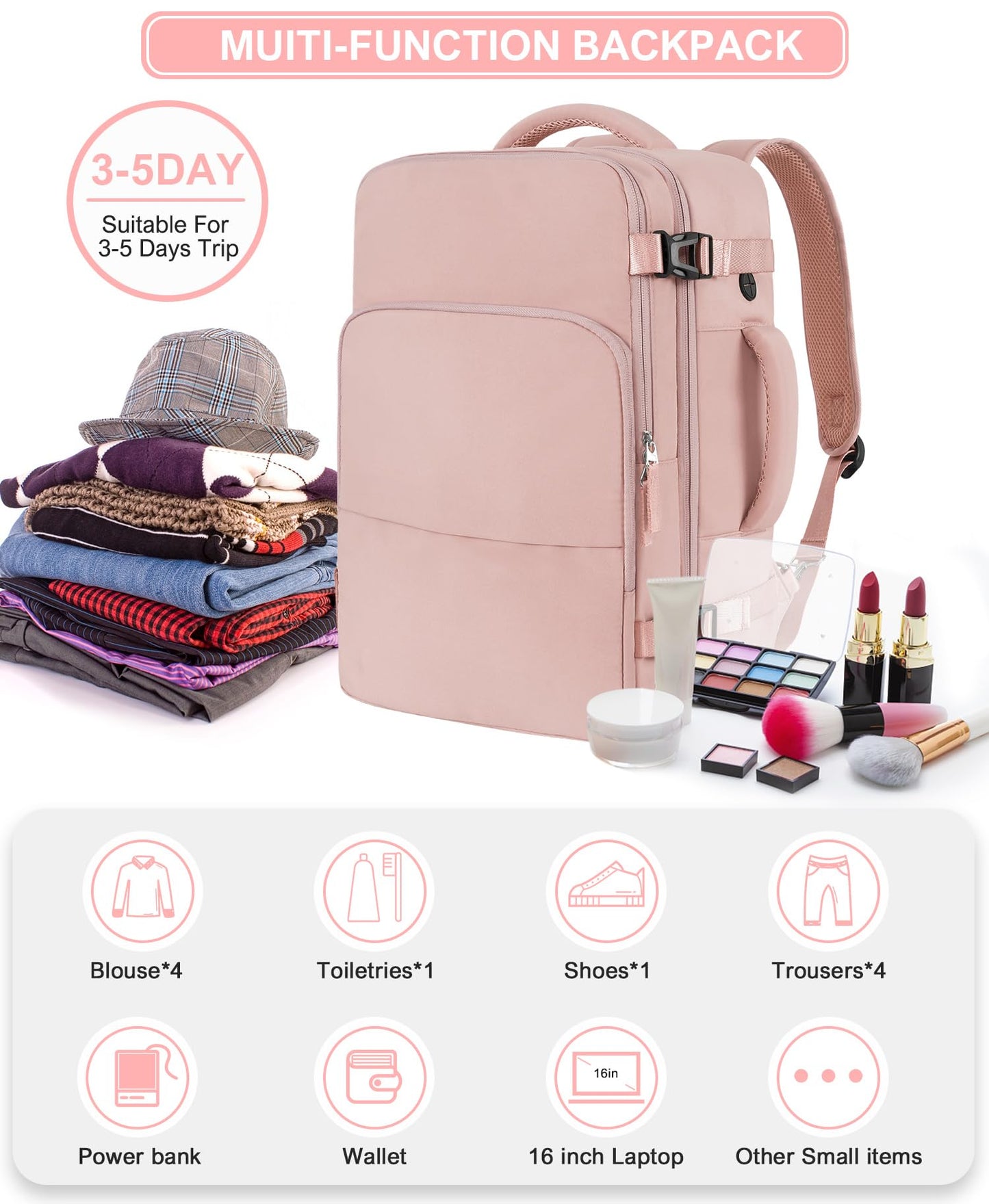 Beraliy Travel Backpack for Women Airline Approved Carry On Backpack, 16 Inch Business Work Backpack with Laptop Compartment, Airplane Personal Item Travel Bags for Trip, Underseat Weekend Bag, Pink