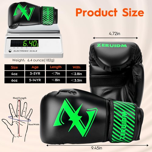 Kids Boxing Gloves, 6oz Youth Punching Gloves for 3–14, One-Piece-Moulded, Boxing Training Sparring Glove for Kickboxing, Punch Bag, Muay Thai, MMA(Green)
