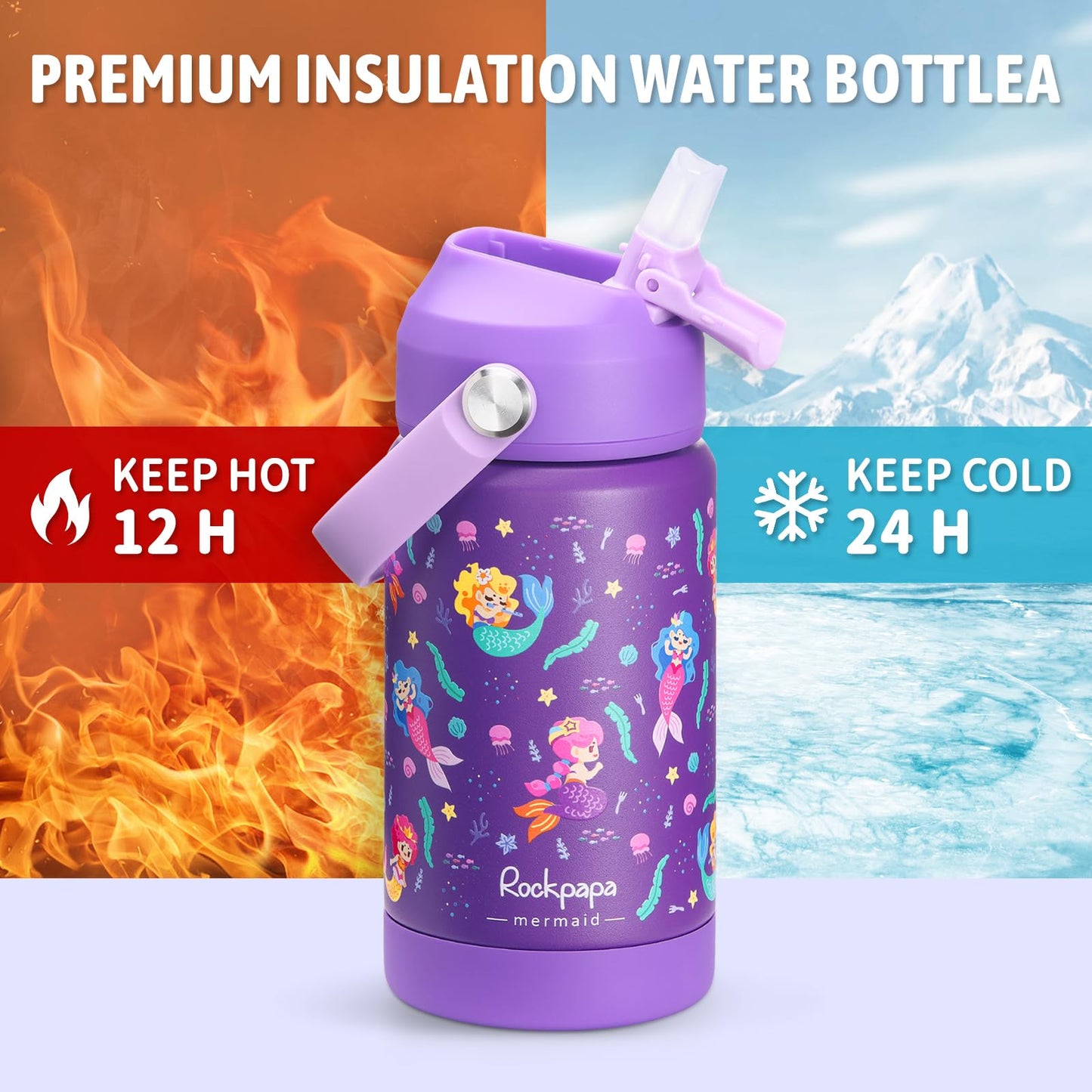 rockpapa 14 oz Kids Insulated Water Bottle，Stainless Steel Toddler Cups with Straws, BPA Free, Leak-Proof, Kids Water Bottle for School Boys& Girls (Purple Mermaid)