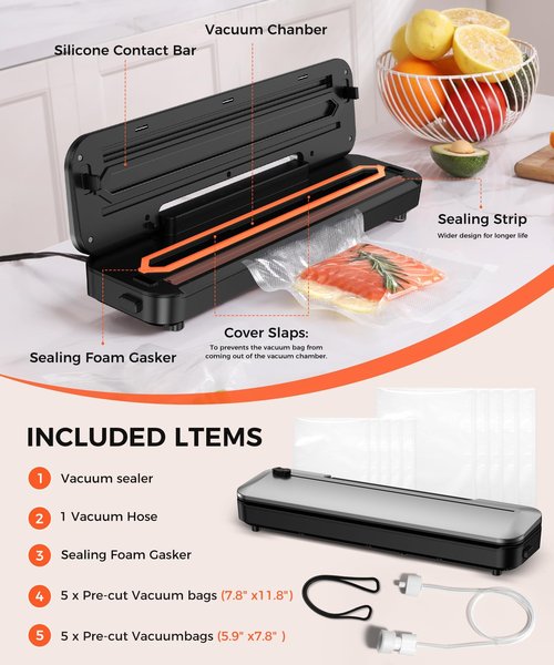 Vacuum Sealer for Food,75 Kpa Precision Suction Power 6-in-1 Food Sealer with Digital Timer, Dry & Moist Food Modes, Compact Design with 10 Vacuum Bags & Built-in Cutter