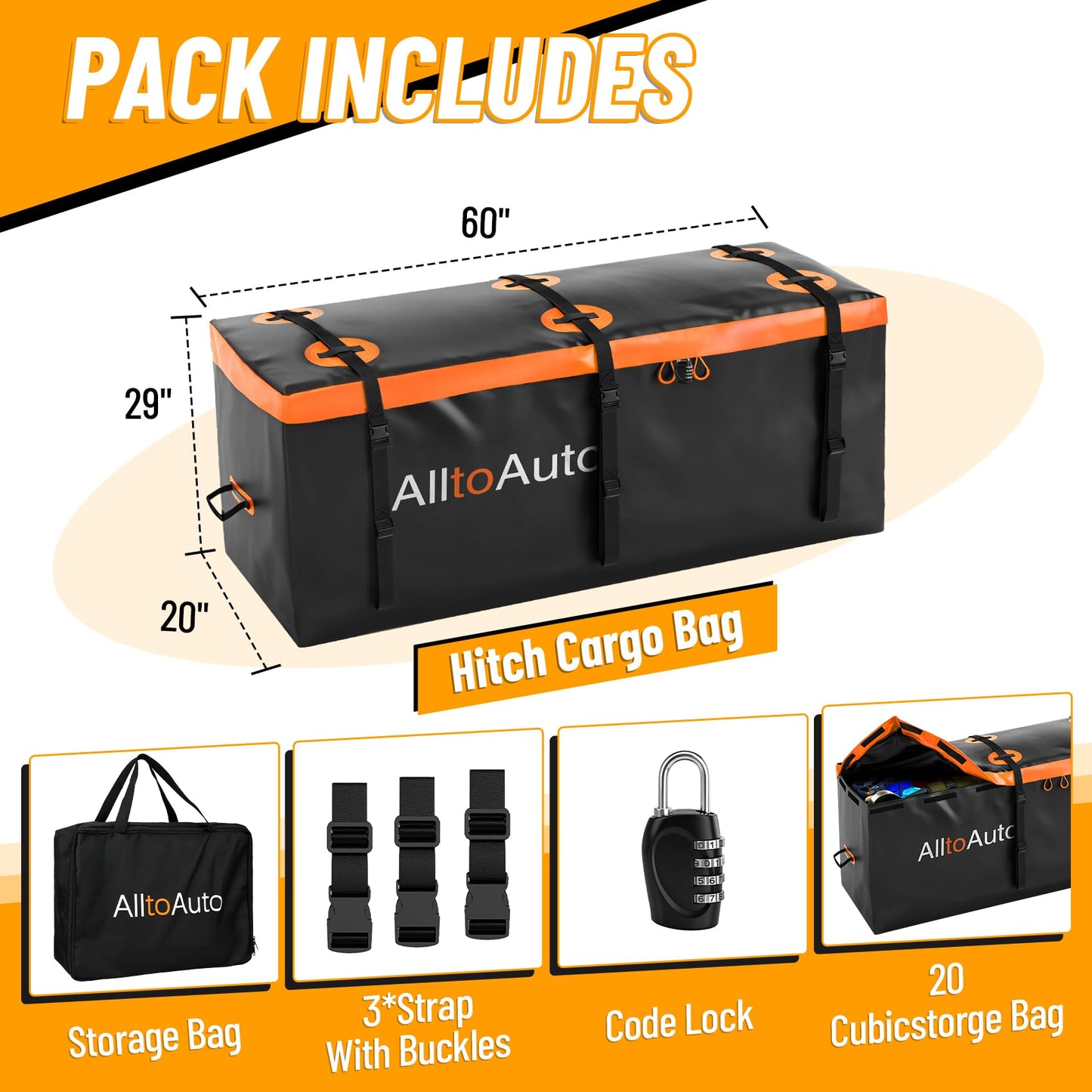 AlltoAuto 25 CuFt Waterproof Cargo Bag for Hitch Carrier | 60"x24"x31" Trailer Hitch Cargo Carrier | Weatherproof Truck Bed Storage with Straps, Lock & Carry Case | PVC Vehicle Soft-Shell Carriers