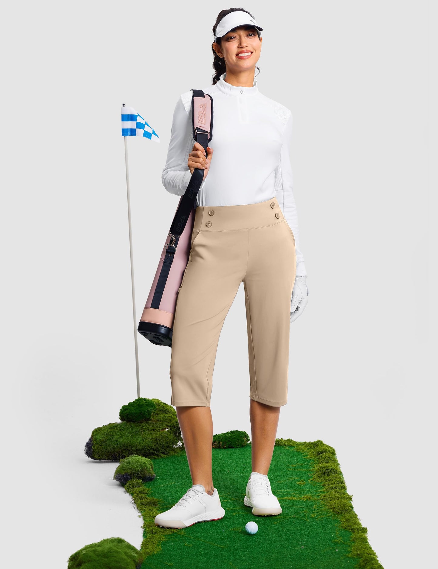 ISEEGZ 18" Dressy Capri Pants for Women High Waist Stretch Womens Golf Capris Pants for Summer with Pockets Work Casual Khaki